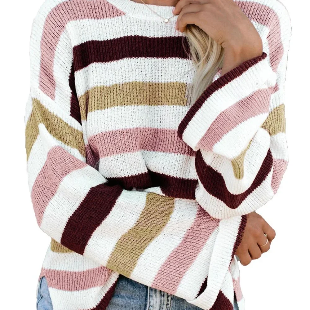 Pink Casual Loose Bell Sleeves Striped Knit Sweater - Picture 3 of 15